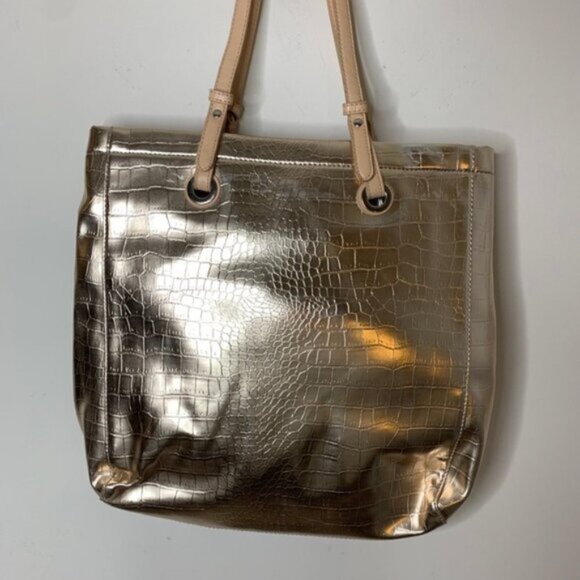 Vintage Y2k 2000s Jessica Gold Tote Bag Shoulder Embossed Snakeskin print - Picture 7 of 16